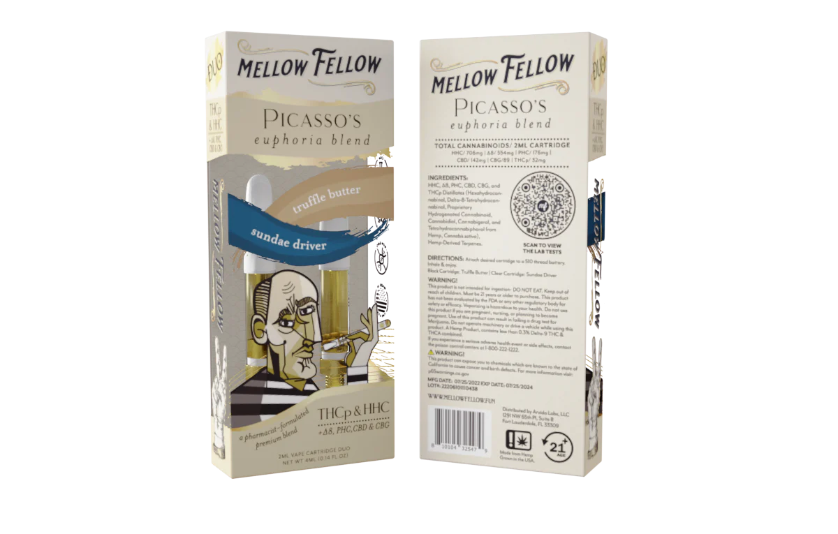 Mellow Fellow 2pk Picasso’s Euphoria Blend - THCp, HHC, D8, PHC, CBD, CBG - 2ml Cartridge Duo (4ml) - Truffle Butter & Sundae Driver