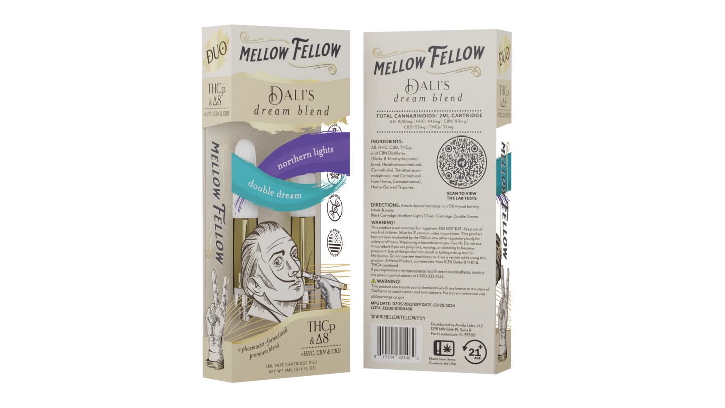 Mellow Fellow 2pk Dali's Dream Blend - THCp, D8, HHC, CBN, CBD - 2ml Cartridge Duo (4ml) – Northern Lights & Double Dream
